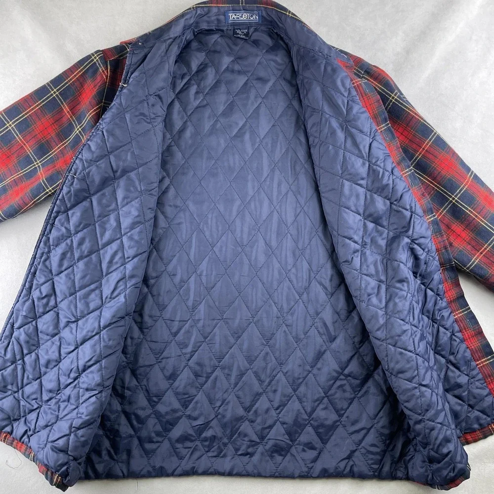 Vintage Tarleton Jacket Mens M Red‎ Navy Plaid Flannel Quilted Lined Padded 90s